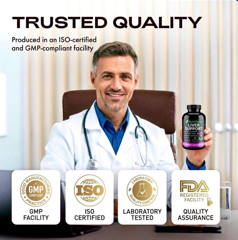 May include: Image features a smiling doctor holding a bottle of "Liver Support" supplements. The text reads "Trusted Quality" and highlights GMP, ISO, and FDA certifications. The product is produced in an ISO-certified and GMP-compliant facility.