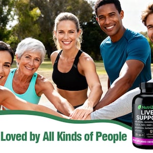 May include: Image features a group of smiling people with two bottles of NutriZenis Liver Support supplements. The text "Deeply Loved by All Kinds of People" is displayed at the bottom. The bottles are black with white and green labels.