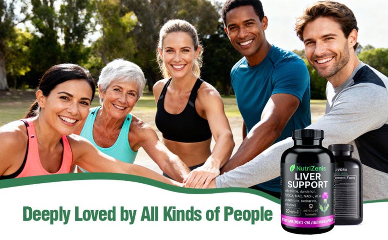 May include: Image features a group of smiling people with two bottles of NutriZenis Liver Support supplements. The text "Deeply Loved by All Kinds of People" is displayed at the bottom. The bottles are black with white and green labels.