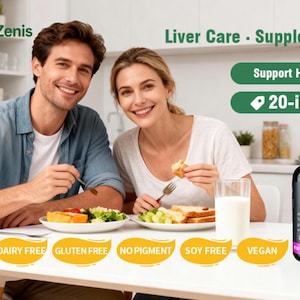 May include: An image of a couple smiling while eating a meal. A black bottle of NutriZenis Liver Support supplements is on the table. The image includes text that says "Liver Care - Supplements", "Support Health", and "20-in-1". The image also includes text that says "NON-GMO", "DAIRY FREE", "GLUTEN FREE", "NO PIGMENT", "SOY FREE", and "VEGAN".