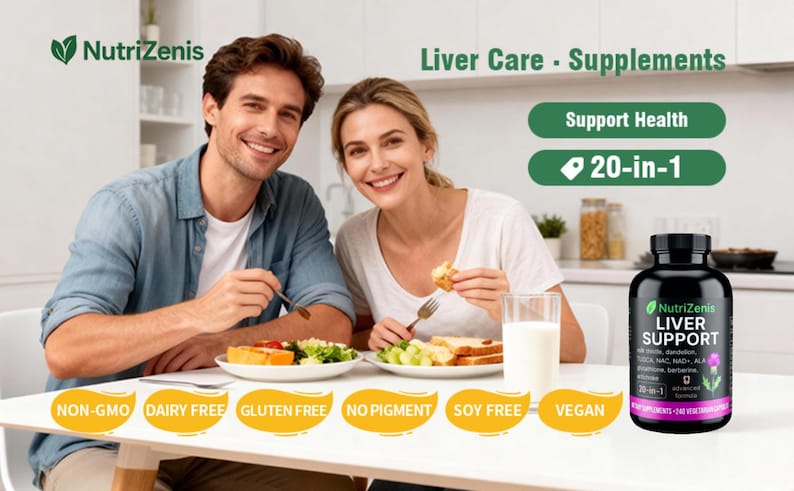 May include: An image of a couple smiling while eating a meal. A black bottle of NutriZenis Liver Support supplements is on the table. The image includes text that says "Liver Care - Supplements", "Support Health", and "20-in-1". The image also includes text that says "NON-GMO", "DAIRY FREE", "GLUTEN FREE", "NO PIGMENT", "SOY FREE", and "VEGAN".