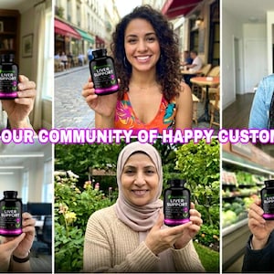 May include: A collage of six smiling people holding a black bottle with a purple label that reads "Liver Support". The text "JOIN OUR COMMUNITY OF HAPPY CUSTOMERS" is displayed in pink across the image. The people are in various settings.