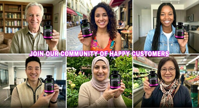 May include: A collage of six smiling people holding a black bottle with a purple label that reads "Liver Support". The text "JOIN OUR COMMUNITY OF HAPPY CUSTOMERS" is displayed in pink across the image. The people are in various settings.