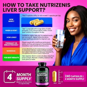 May include: Image of a woman holding a glass of water next to a product advertisement. The advertisement features a bottle of NutriZenis Liver Support capsules, a single capsule, and text detailing usage instructions. The product is a 4-month supply, with 240 capsules.