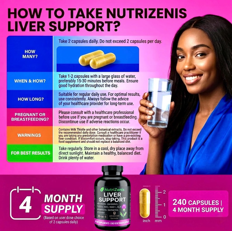 May include: Image of a woman holding a glass of water next to a product advertisement. The advertisement features a bottle of NutriZenis Liver Support capsules, a single capsule, and text detailing usage instructions. The product is a 4-month supply, with 240 capsules.