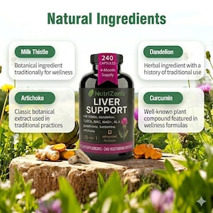 May include: A black bottle of NutriZenis Liver Support capsules with the text "Natural Ingredients". The bottle is surrounded by images of the ingredients: milk thistle, dandelion, artichoke, and curcumin. The bottle contains 240 capsules.