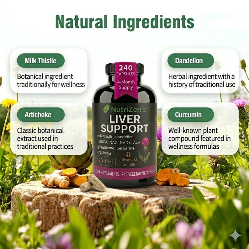 May include: A black bottle of NutriZenis Liver Support capsules with the text "Natural Ingredients". The bottle is surrounded by images of the ingredients: milk thistle, dandelion, artichoke, and curcumin. The bottle contains 240 capsules.
