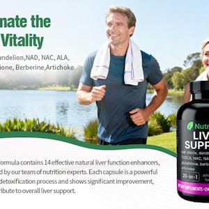 May include: Image of a black bottle of NutriZenis Liver Support supplements with a purple label, featuring a running couple in the background. The label lists ingredients and the text "20-in-1 advanced formula". The text "Rejuvenate the Body's Vitality" is also visible.
