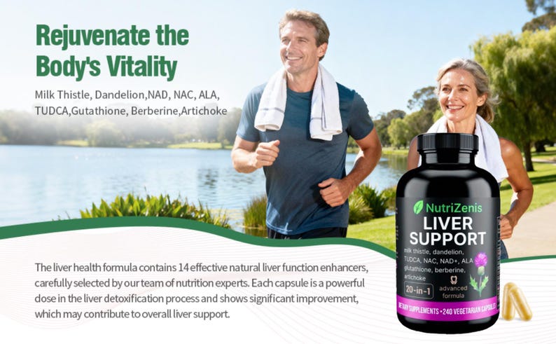 May include: Image of a black bottle of NutriZenis Liver Support supplements with a purple label, featuring a running couple in the background. The label lists ingredients and the text "20-in-1 advanced formula". The text "Rejuvenate the Body's Vitality" is also visible.