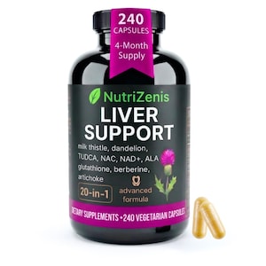 May include: A black bottle of NutriZenis Liver Support supplements with a black cap. The label includes the text "240 Capsules, 4-Month Supply" and lists ingredients like milk thistle and dandelion. Two yellow capsules are next to the bottle.