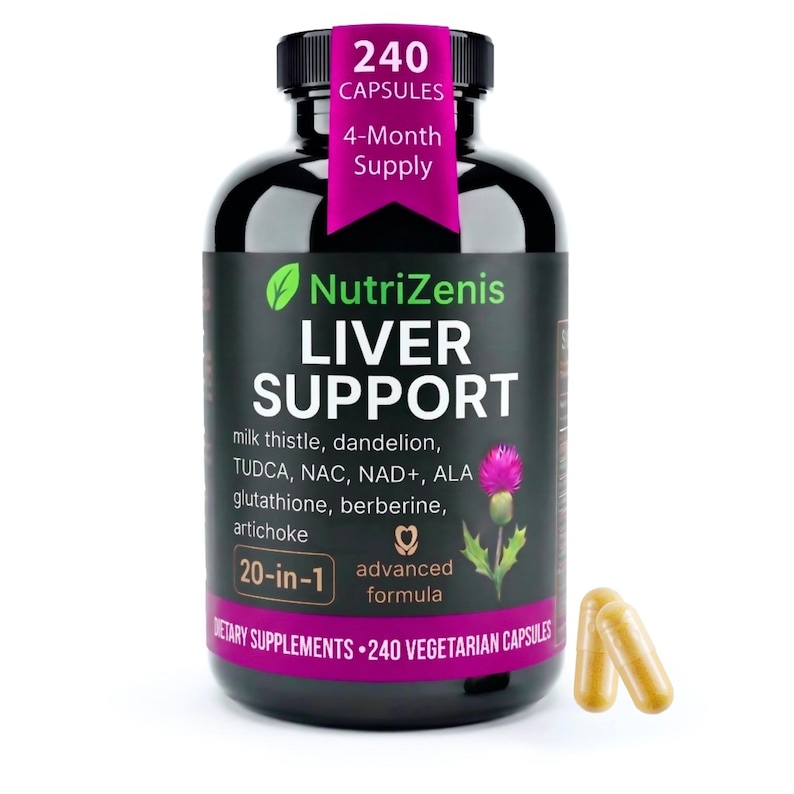 May include: A black bottle of NutriZenis Liver Support supplements with a black cap. The label includes the text "240 Capsules, 4-Month Supply" and lists ingredients like milk thistle and dandelion. Two yellow capsules are next to the bottle.
