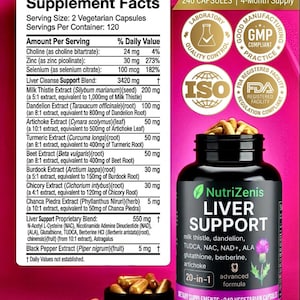 May include: A black bottle of NutriZenis Liver Support supplements with gold capsules. The label includes the text "20-in-1 advanced formula" and lists ingredients like milk thistle and dandelion. The bottle is on a pink background.