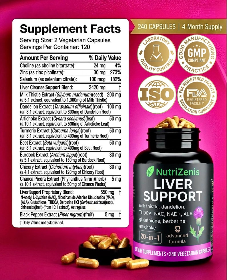 May include: A black bottle of NutriZenis Liver Support supplements with gold capsules. The label includes the text "20-in-1 advanced formula" and lists ingredients like milk thistle and dandelion. The bottle is on a pink background.
