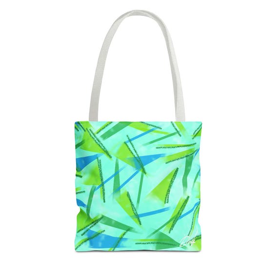 Abstract Green Blue Geometric Tote Bag | Watercolor Triangle Pattern