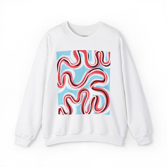 Abstract Wavy Stripe Art Crewneck Sweatshirt | Retro Red Blue Swirl