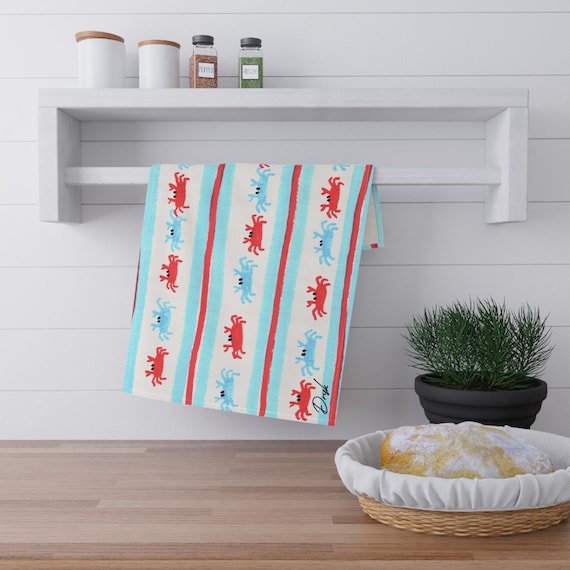 Retro Coastal Crab Stripe Tea Towel