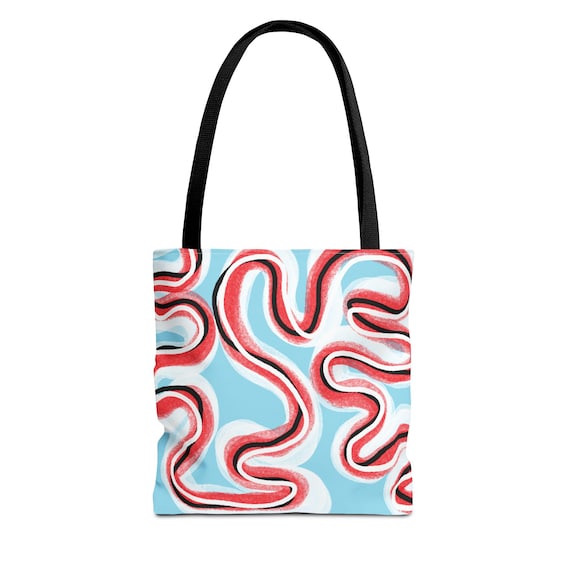 Abstract Red Swirl Pattern Tote Bag | Blue Organic All-Over Print