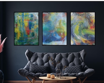 Abstract Wall Art Triptych, Set of 3 Modern Prints, Digital Download – Colourful, Wild Brush
