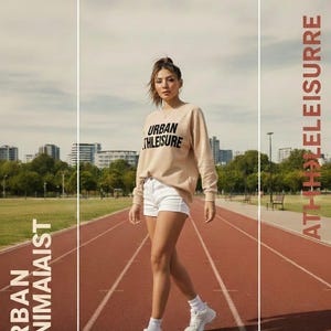 Puede incluir: Una persona con una sudadera beige con la inscripción "URBAN ATHLEISURE", pantalones cortos blancos y zapatillas blancas, caminando sobre una pista de atletismo roja. La imagen tiene los textos "URBAN MINIMAIAIST" y "ATHLEISURRE".
