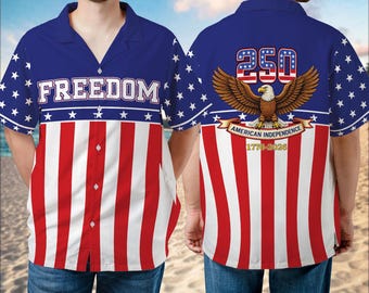 America 250th Anniversary Hawaiian Shirt, Freedom July 4th Shirt, Independence Day Aloha Shirt, Patriotic USA Flag Shirt for Men, 1776 Shirt