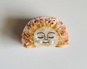 Celestial Sun Face Hair Claw Clip, Vintage Inspired Gold Sun Accessory