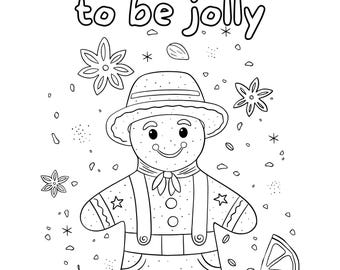 May include: Black and white line art illustration of a gingerbread man wearing a hat and suspenders, surrounded by festive elements. The text "Tis the season to be jolly" is at the top.