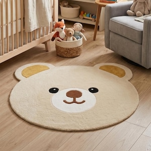 Hand Tufted Wool Teddy Bear Rug, Cute Nursery Area Rug for Baby & Kids Room, Soft Handmade Playroom Decor, Cute Teddy Bear kids room rug image 2