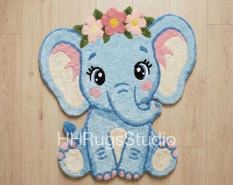 Hand Tufted Elephant Rug, Cute Nursery Rug, Floral Crown Baby Room Decor, Kids Playroom Carpet, Handmade Wool Animal Area Rug