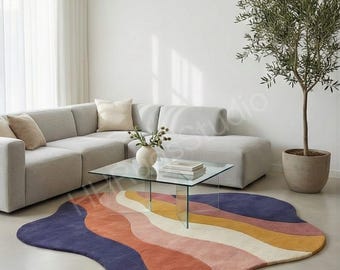 Hand Tufted Wool Rug – Abstract Wavy Pattern Carpet for Living Room