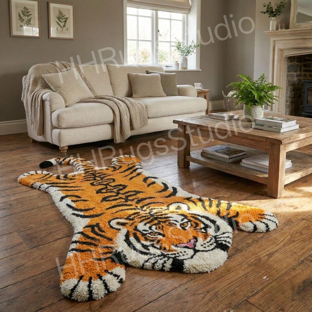 Hand Tufted Tiger Rug, Tiger Shape Animal Rug, Handmade Wool Kids ...