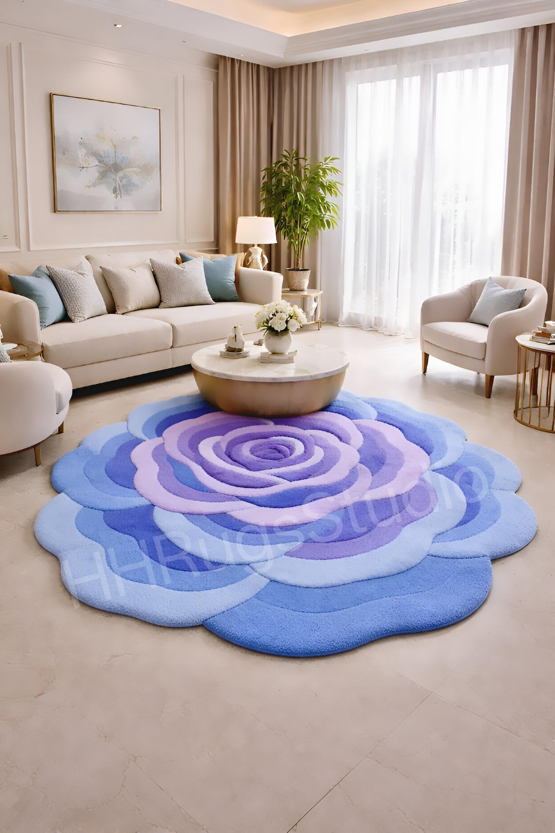 Hand Tufted Blue Rose Flower Rug | Floral Shaped Wool Area Rug | Modern ...