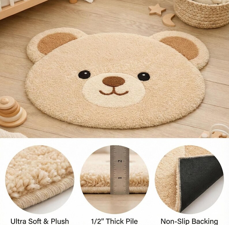 Hand Tufted Wool Teddy Bear Rug, Cute Nursery Area Rug for Baby & Kids Room, Soft Handmade Playroom Decor, Cute Teddy Bear kids room rug image 11