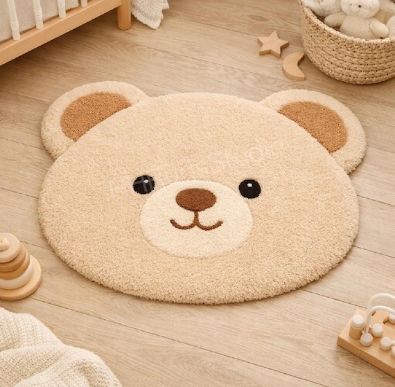 Hand Tufted Wool Teddy Bear Rug, Cute Nursery Area Rug for Baby & Kids Room, Soft Handmade Playroom Decor, Cute Teddy Bear kids room rug