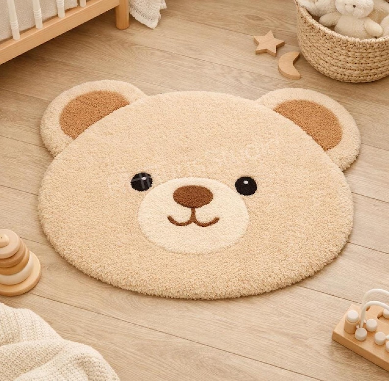 Hand Tufted Wool Teddy Bear Rug, Cute Nursery Area Rug for Baby & Kids Room, Soft Handmade Playroom Decor, Cute Teddy Bear kids room rug image 1