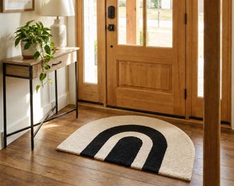 Modern Arch Doormat Rug, Black Beige Entryway Rug, Half Moon Area Rug, Hand Tufted Wool Door Mat, Minimalist Entry Rug, Custom Size
