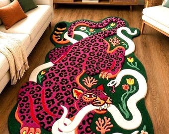 Hand Tufted Premium Wool  Pink Leopard Shape Rug, Handmade Leopard Rug, Snake and Leopard Tufted Wool Rug, Jungle Animal Statement Rug.