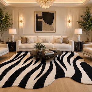 Handgetufteter Zebra Teppich, Abstrakter unregelmäßiger Teppich, Schwarz Weißer moderner Wollteppich, Safari Animal Print