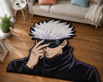 Anime Inspired Blindfold Character Rug, White Hair Anime Rug, Manga Inspired Tufted Rug, Gaming Room Decor, Handmade Statement Carpet