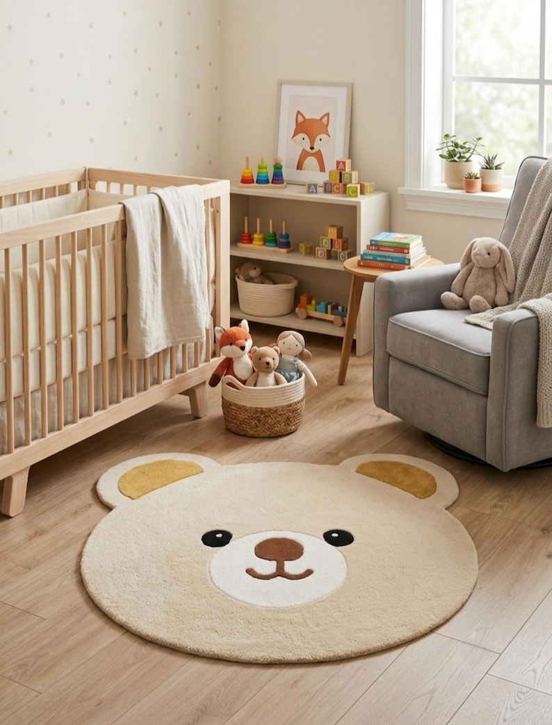 Hand Tufted Wool Teddy Bear Rug, Cute Nursery Area Rug for Baby & Kids Room, Soft Handmade Playroom Decor, Cute Teddy Bear kids room rug image 2