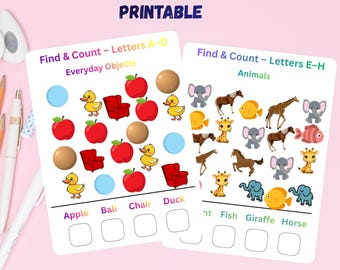 Pode incluir: Material educativo imprimível com objetos do alfabeto e animais. O design inclui dois cartões com ilustrações coloridas de maçãs, patos, cadeiras e outros objetos. O texto diz "Find & Count" e "Alphabet Objects Fun Learning Printable."