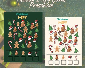 Pode incluir: Duas folhas de jogo I-Spy com tema natalino. Os jogos apresentam ilustrações de homens de gengibre, árvores de Natal, bengalas doces, chapéus de Papai Noel e criaturas da floresta. O texto "Holiday I-Spy Game Preschool" está no topo.