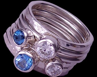 Genuine ice blue topaz, swiss blue topaz & swarovski cubic zirconias 'revelry' stacker multi ring set in sterling silver by Rubyblue Jewelry