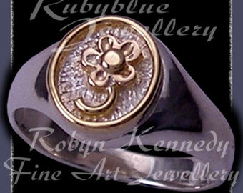 Forget-Me-Not Collection, hand made 18 karat yellow gold and sterling silver 'blossom' signet ring by Rubyblue Jewelry