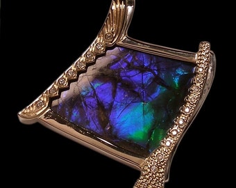 one-of-a-kind  'purple - icious' pendant, handmade in 10 K gold, silver, ammolite, diamonds and amethyst by Rubyblue Jewelry