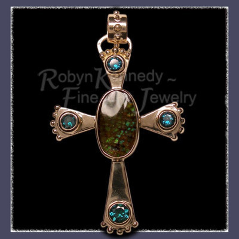 one-of-a-kind, hand made 'bear paw' pendant, handmade in 10 K gold, genuine ammolite, and evergreen topaz by Rubyblue Jewelry image 2