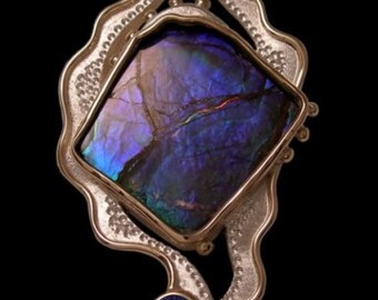 one-of-a-kind  'renate' pendant / brooch handmade in 10 K gold, ammolite, evergreen topaz and glacier blue topaz by Rubyblue Jewelry