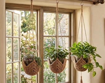 3 Pack Jute Crochet Long Plant Hanger with S Shaped Hooks