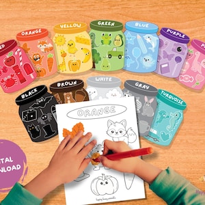 Puede incluir: Una descarga digital colorida con botes etiquetados con colores e ilustraciones. Un ni&ntilde;o est&aacute; coloreando una p&aacute;gina "Naranja" con un rotulador rojo. La imagen incluye l&aacute;pices de colores y rotuladores, con el texto "DIGITAL DOWNLOAD".
