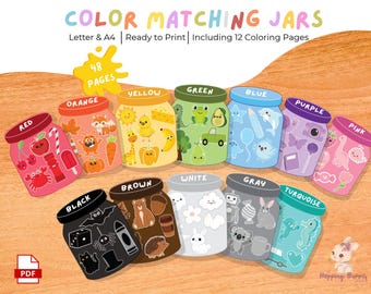 May include: A digital printable set titled Color Matching Jars featuring 48 pages in Letter and A4 sizes. The image displays 12 jars, each in a distinct color including red, orange, yellow, green, blue, purple, pink, black, brown, white, gray, and turquoise, decorated with matching themed icons.