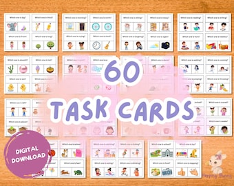May include: A collection of 60 task cards with illustrations and text prompts. The cards are designed for educational purposes, featuring questions like "Which one is big?" and "Which one is happy?" The image includes the text "DIGITAL DOWNLOAD".